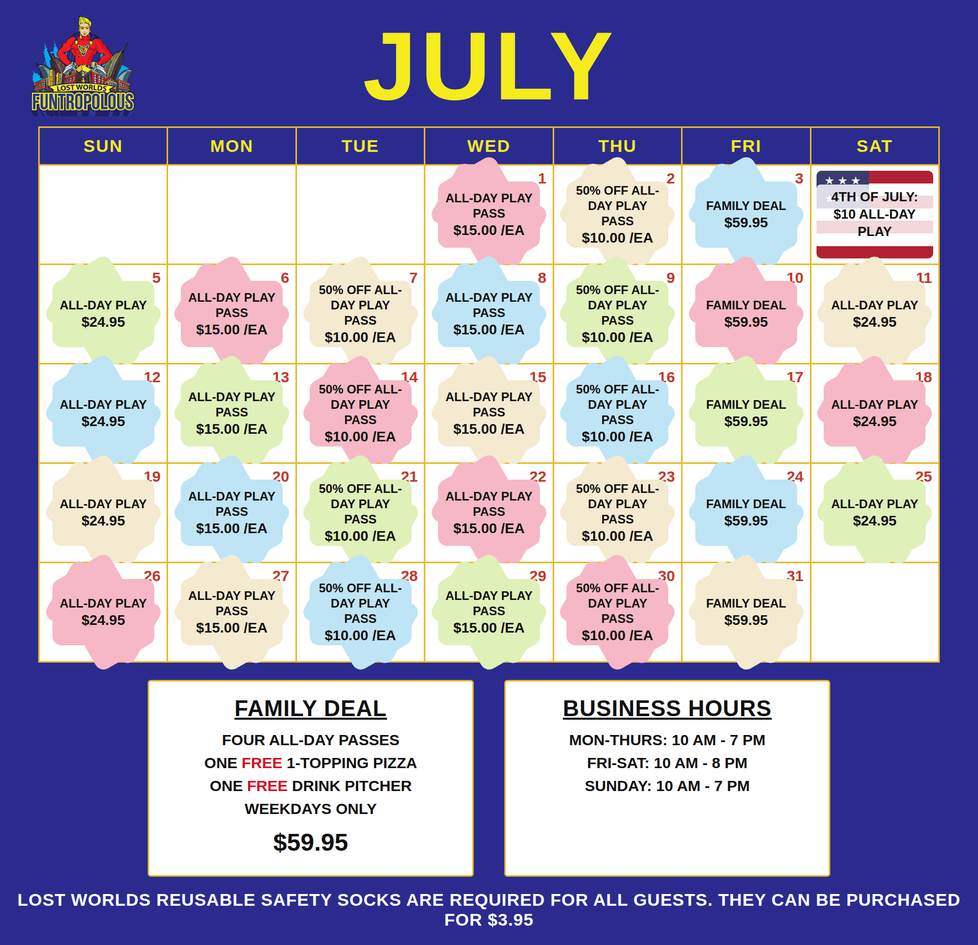 July daily specials calendar — deals every day of the week